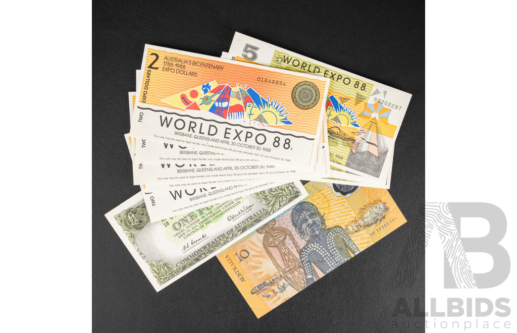 Australian 1961 One Pound Note, R34 Coombs/Wilson, 1988 Ten Dollar Note, R310b Bicentennial, Five 1988 World Expo Consecutive Five Dollar Notes, Five Consecutive Two Dollar Notes