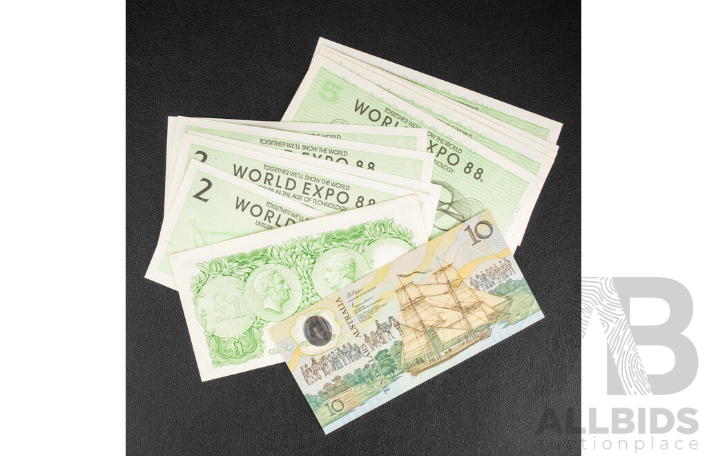 Australian 1961 One Pound Note, R34 Coombs/Wilson, 1988 Ten Dollar Note, R310b Bicentennial, Five 1988 World Expo Consecutive Five Dollar Notes, Five Consecutive Two Dollar Notes