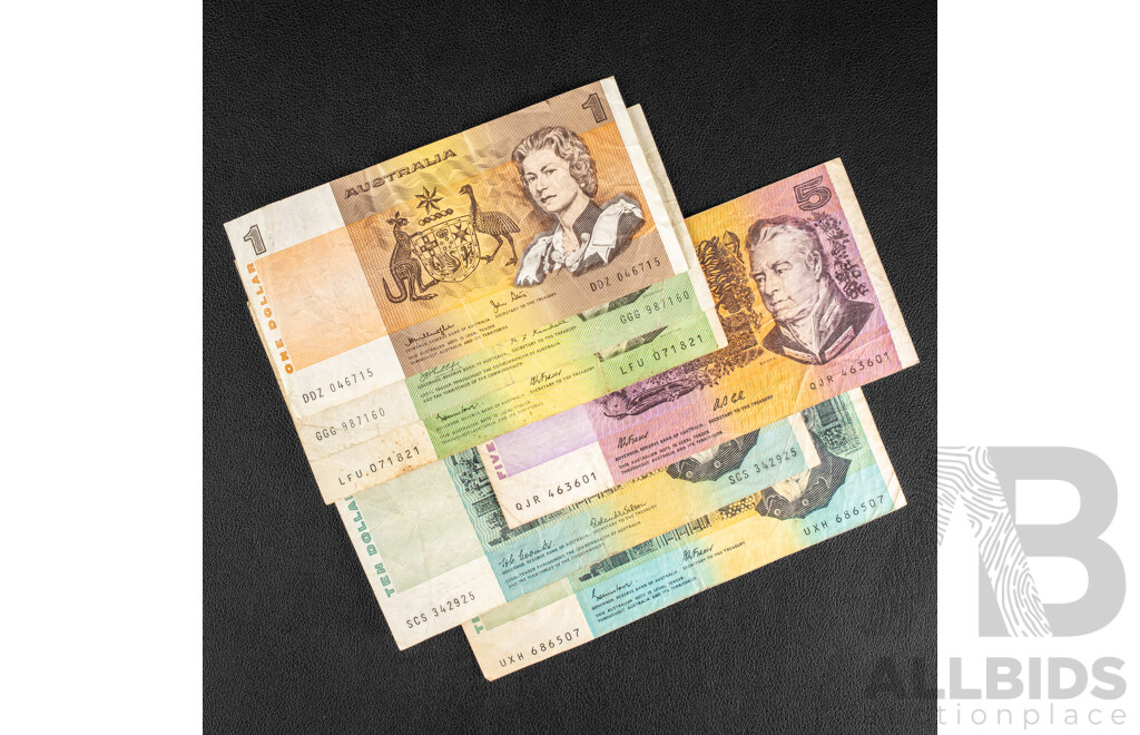 Two Australian Ten Dollar Notes 1966, R301 Coombs/Wilson, 1985 Johnston/Fraser R309, 1991 Five Dollar Note R213, Fraser/Cole, Two Dollar Notes 1968 R83 Phillips/Randall, 1985 R89 Johnston/Fraser...........
