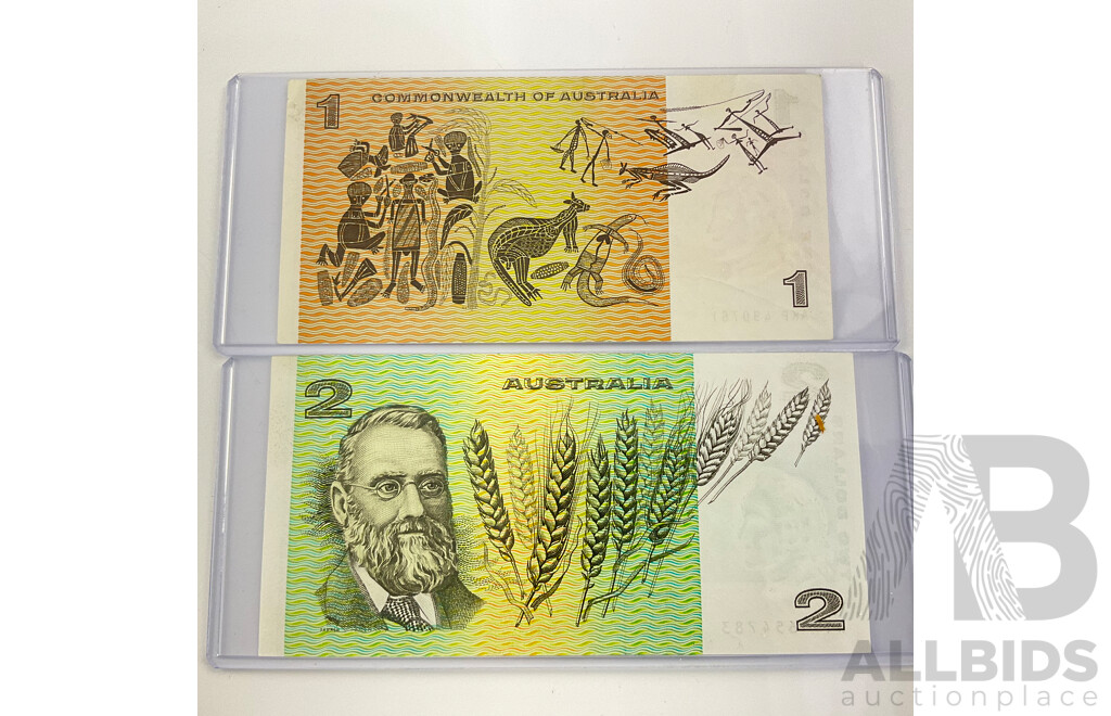 Australian 1976 Two Dollar Note Knight/Wheeler, 1969 One Dollar Note Phillips/Randall