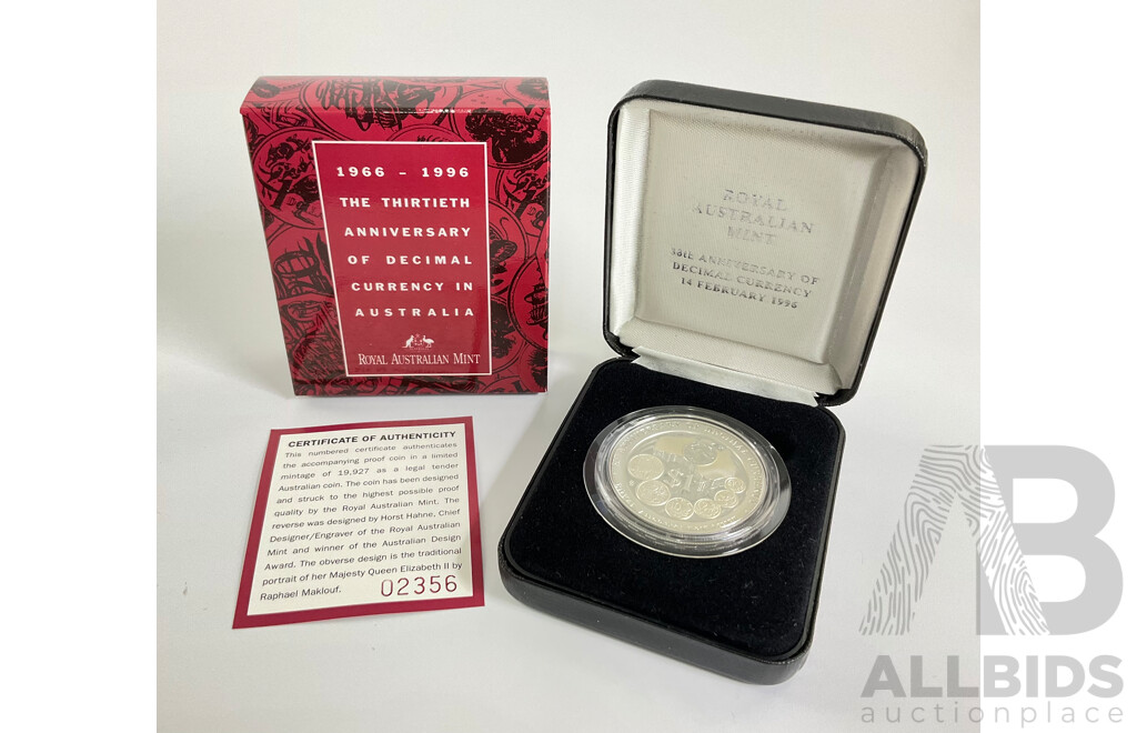 Australian RAM 1996 One Dollar Silver Coin - Thirtieth Anniversary of Decimal Currency .999