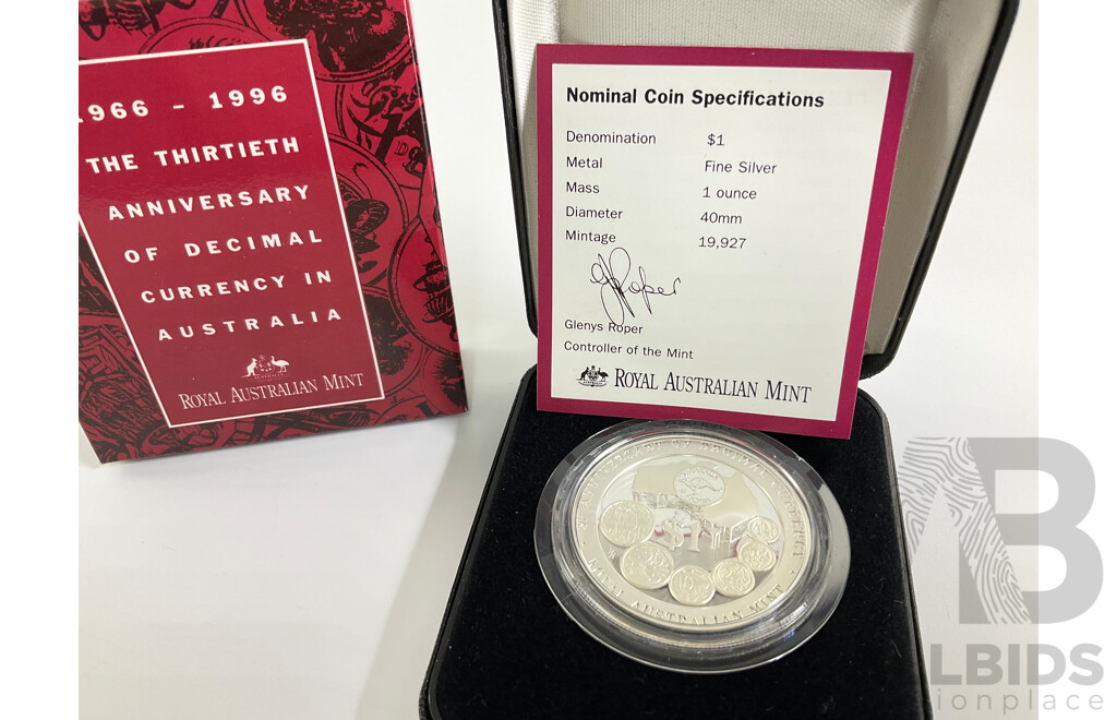 Australian RAM 1996 One Dollar Silver Coin - Thirtieth Anniversary of Decimal Currency .999