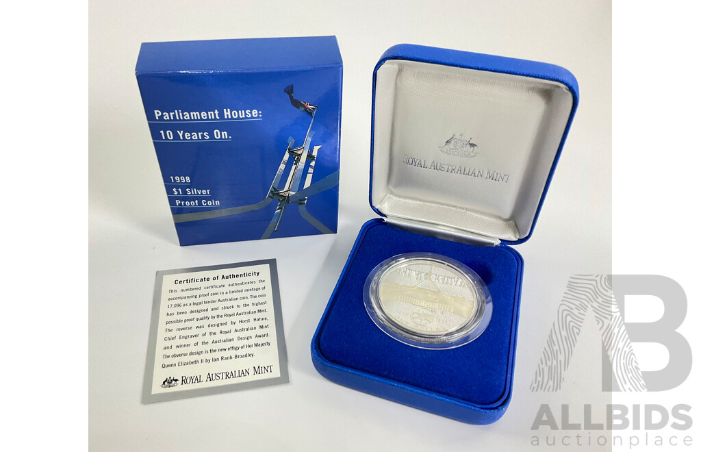 Australian RAM 1998 One Dollar Silver Proof Coin, Parliament House Ten Years on .999