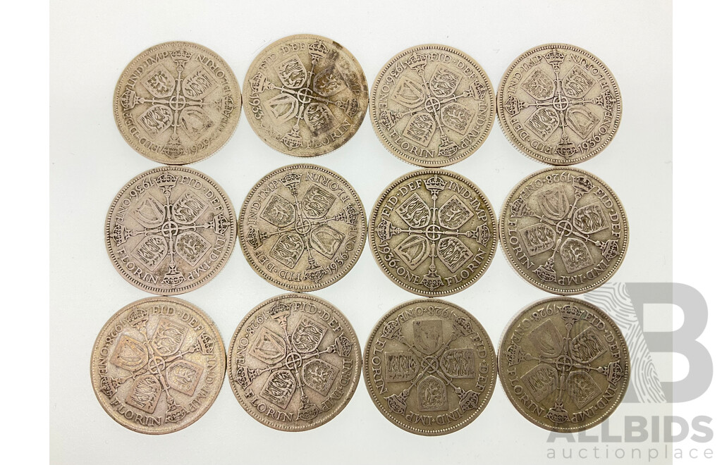 Twelve Great Britain Silver Florins Including 1928, 1929, 1933, 1936  .500