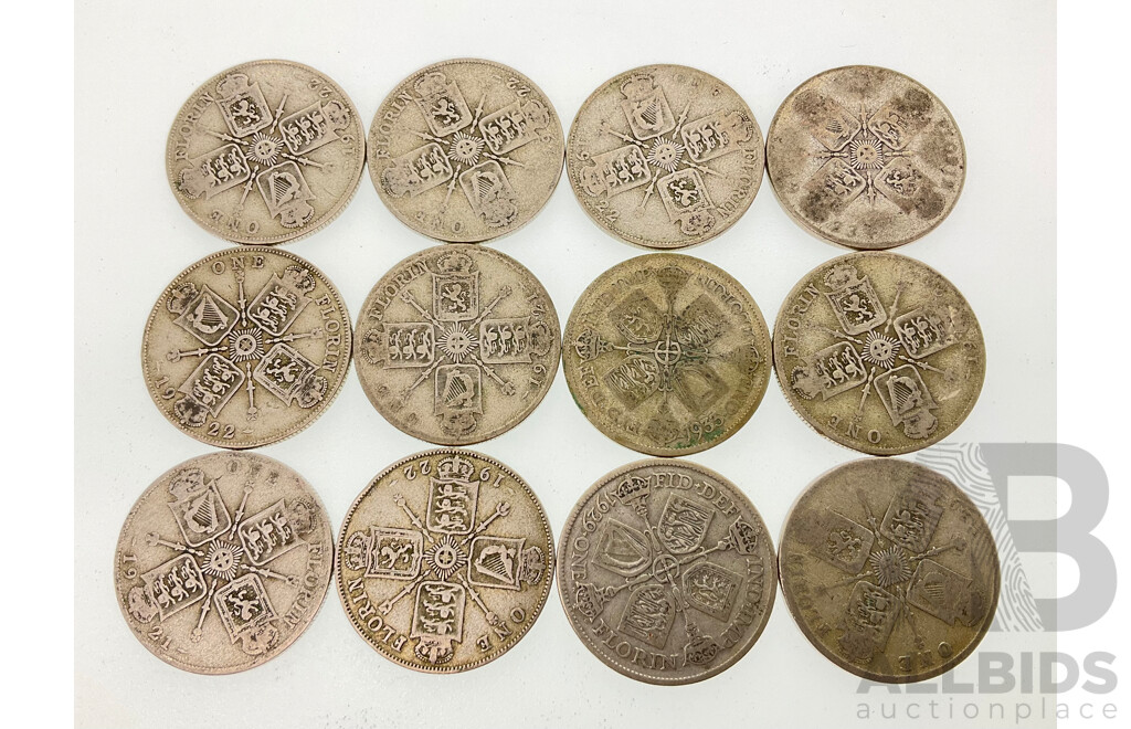 Twelve Great Britain KGV Silver Florins Including 1921, 1922, 1923, 1929, 1933  .500