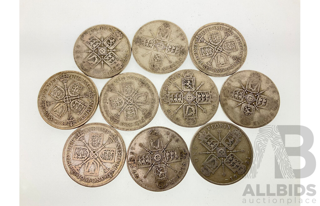 Ten Great Britain KGV Silver Florins Including 1921, 1922, 1929, 1931, 1933, 1935  .500