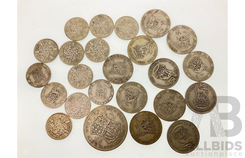 Collection of Great Britain KGV Silver Coins Including Half Crown, Shillings(11) Sixpence(12) .500