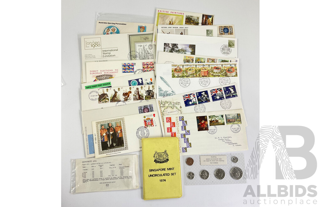 Norway 1976 UNC Coin Set, Singapore 1974 Coin Set, Vintage Great Britain and Australian First Day Covers