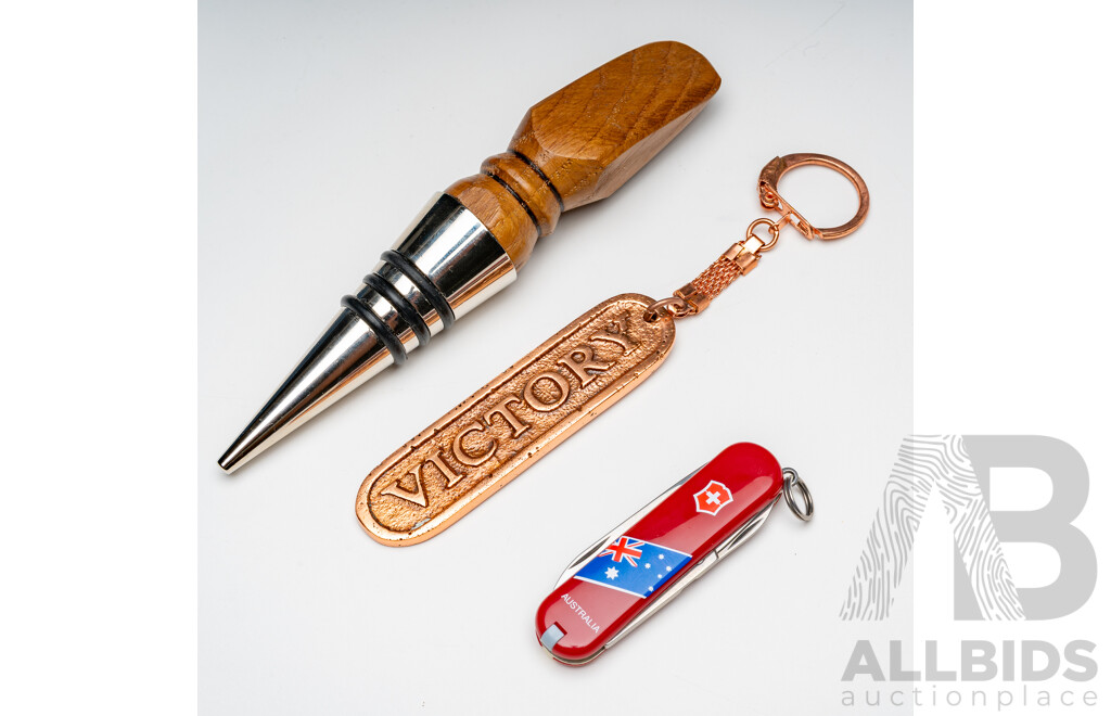 Victorinox Swiss Army Pocket Knife, Souvenier Oak Bottle Stopper & Copper Keyring - Materials Salvaged From HMS Victory