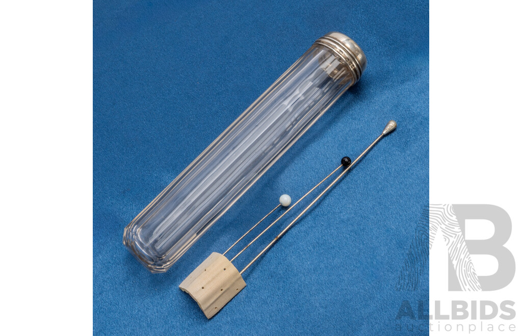 1890s Hat Pins X3 in Crystal Pin Jar with Silver Lid