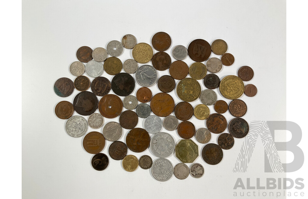 Collection of International Vintage and Antique Coins Including France Vichy State 1944 Two Francs, Silver USA 1923 Dime, Chile 1908 Ten Centavos and Great Britain QV Sixpence