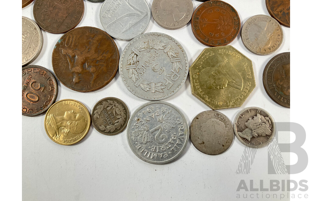 Collection of International Vintage and Antique Coins Including France Vichy State 1944 Two Francs, Silver USA 1923 Dime, Chile 1908 Ten Centavos and Great Britain QV Sixpence