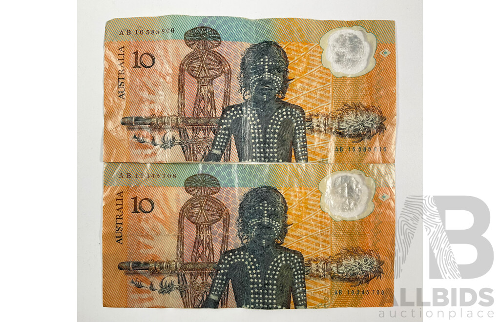 Two Australian 1988 Ten Dollar Banknotes, Fraser/Evans, R310b Bicentennial