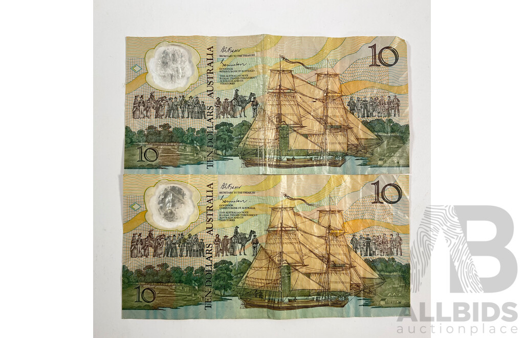 Two Australian 1988 Ten Dollar Banknotes, Fraser/Evans, R310b Bicentennial