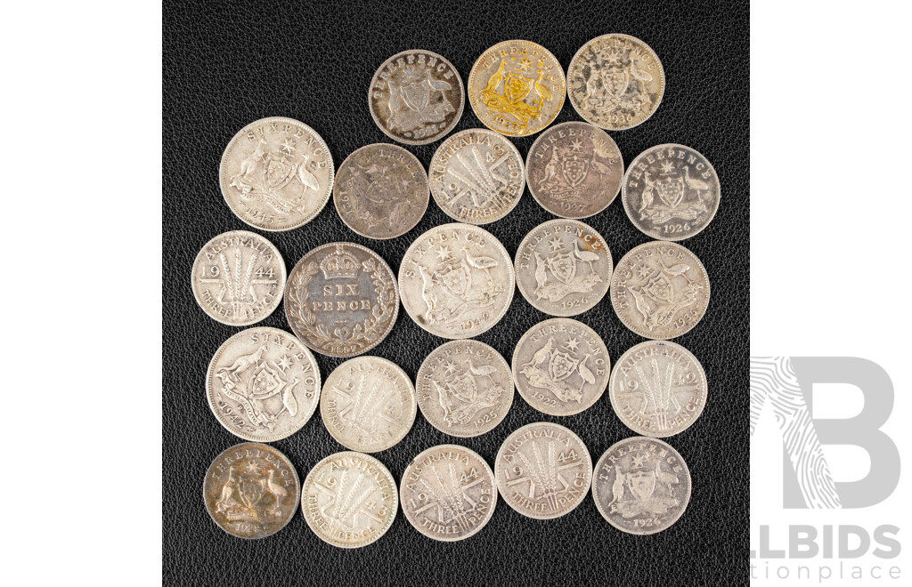 Nineteen Australian Pre 1945 Silver Threepence, 1942, 1942D, 1945 Shillings, United Kingdom 1897 QV Sixpence .925