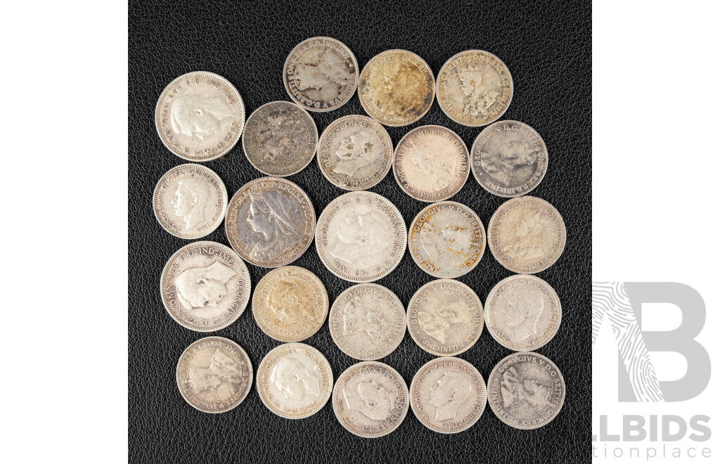 Nineteen Australian Pre 1945 Silver Threepence, 1942, 1942D, 1945 Shillings, United Kingdom 1897 QV Sixpence .925