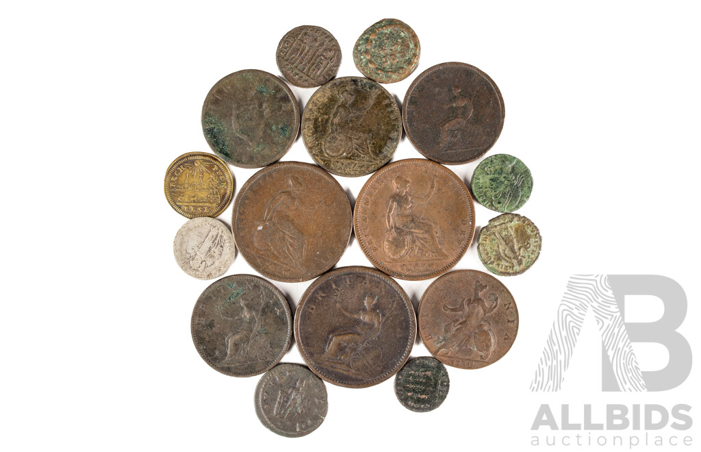 Collection of Antique Coins Including United Kingdom 1807, 1825, 1831 Pennies, 1730, 1806, 1807 Half Pennies, USA Silver Mercury 1919 Dime, Six Ancient Coins