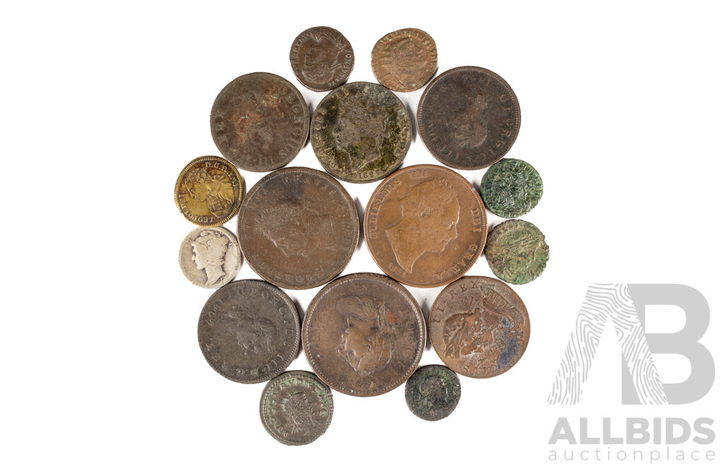 Collection of Antique Coins Including United Kingdom 1807, 1825, 1831 Pennies, 1730, 1806, 1807 Half Pennies, USA Silver Mercury 1919 Dime, Six Ancient Coins