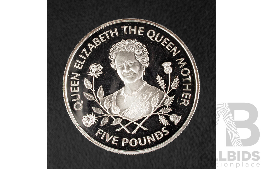 Guernsey 1995 Silver Five Pound Coin, Queen Mother, 95th Birthday of Queen Elizabeth the Queen Mother .925 Silver