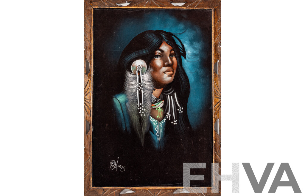 Signed Indistinctly, (20th Century), Portrait of an American Indian Girl, Vintage Paint on Velvet Panel,102 x 71 cm