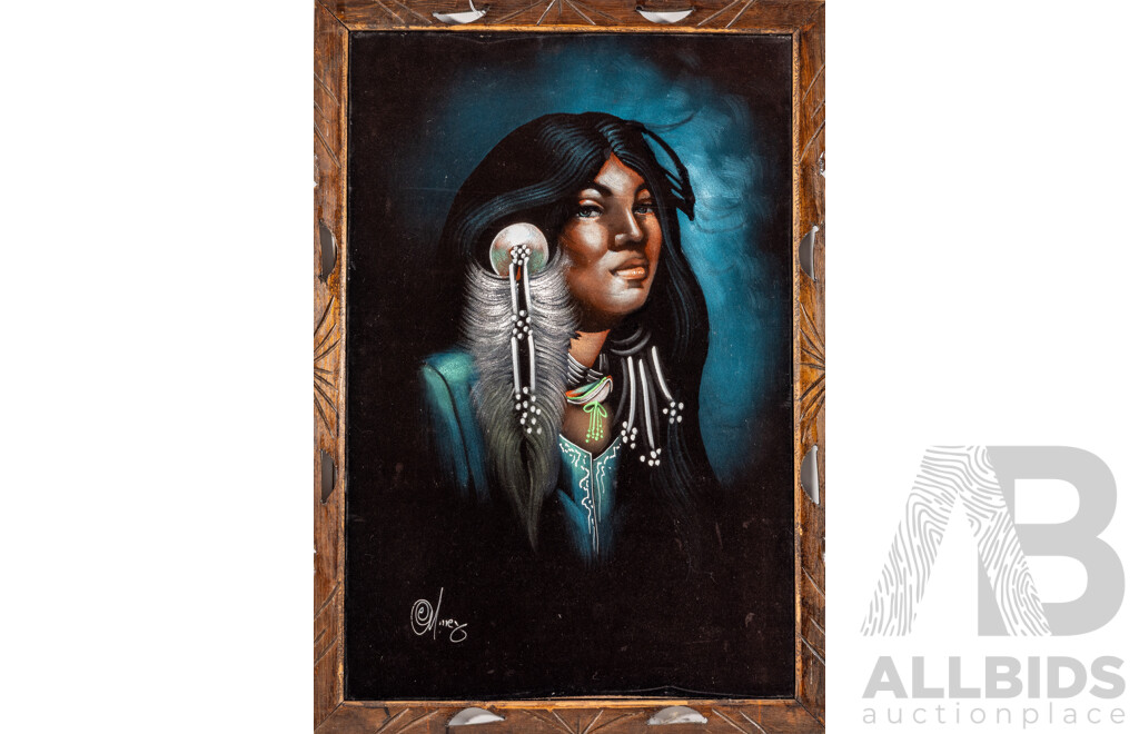 Signed Indistinctly, (20th Century), Portrait of an American Indian Girl, Vintage Paint on Velvet Panel,102 x 71 cm