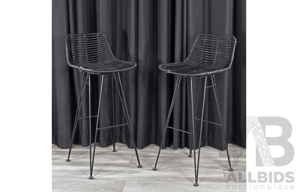 Pair of Polyweave and Wrought Iron Barstools