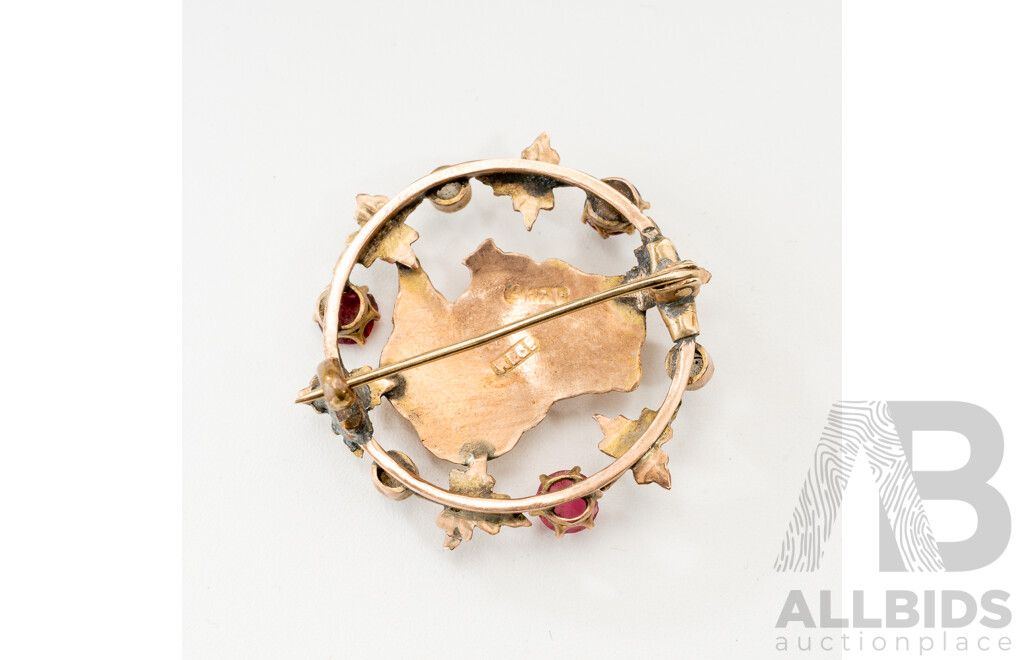 Antique 9ct Rose Gold Federation of Australia Brooch with Opal, Ruby & Seed Pearls, 28mm, 3.41 Grams