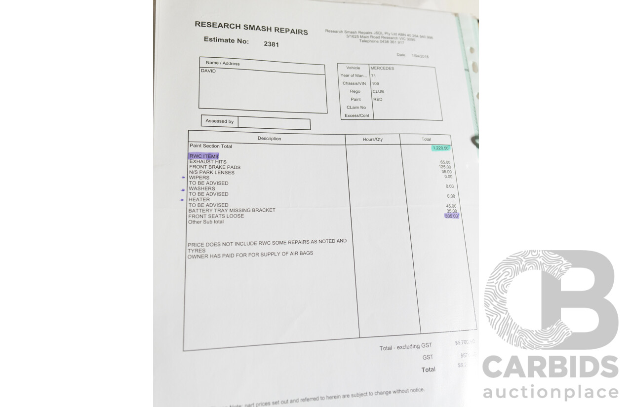 8/1970 Mercedes Benz 300 SEL 6.3 "Red Pig Tribute" W109 4d Sedan Cranberry V8 6.3L - Import