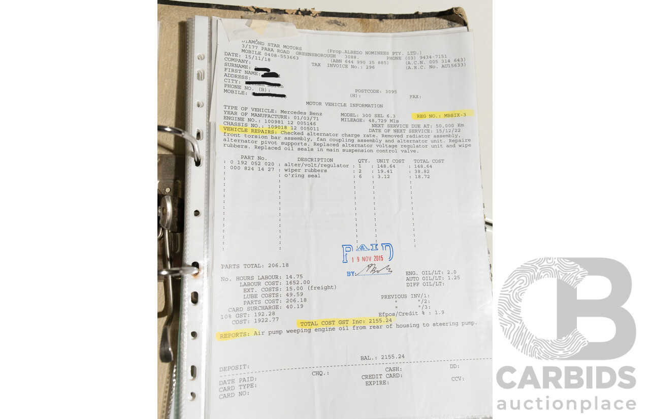 8/1970 Mercedes Benz 300 SEL 6.3 "Red Pig Tribute" W109 4d Sedan Cranberry V8 6.3L - Import