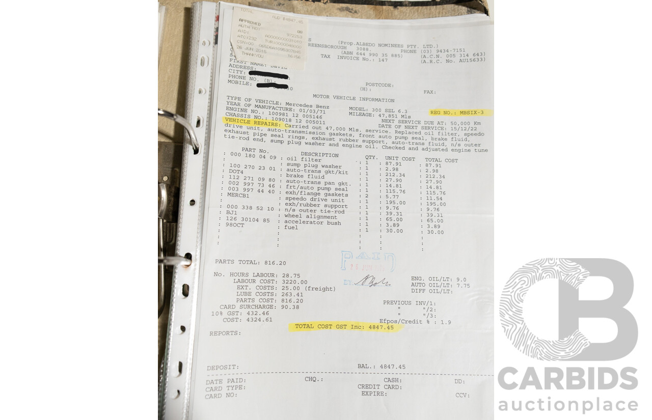 8/1970 Mercedes Benz 300 SEL 6.3 "Red Pig Tribute" W109 4d Sedan Cranberry V8 6.3L - Import