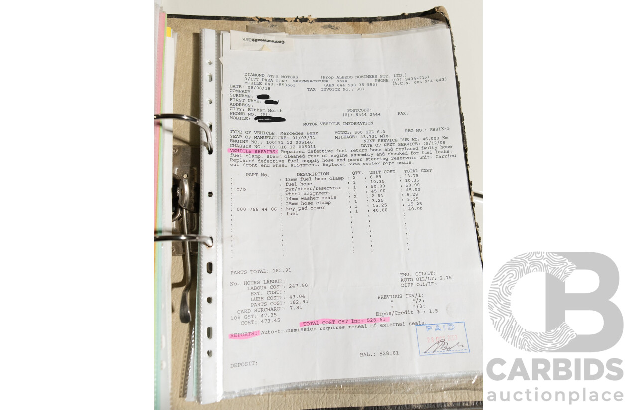 8/1970 Mercedes Benz 300 SEL 6.3 "Red Pig Tribute" W109 4d Sedan Cranberry V8 6.3L - Import