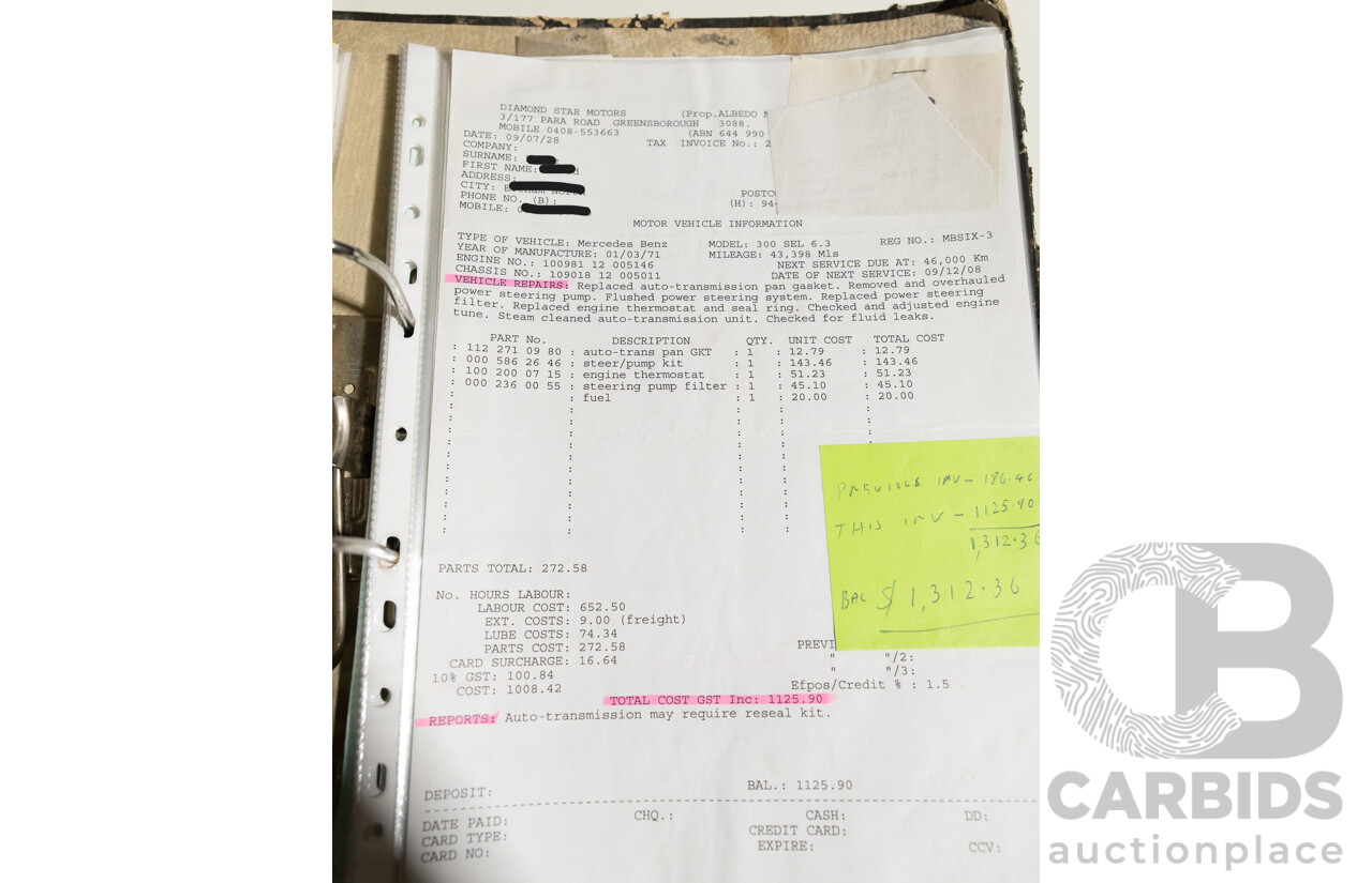 8/1970 Mercedes Benz 300 SEL 6.3 "Red Pig Tribute" W109 4d Sedan Cranberry V8 6.3L - Import