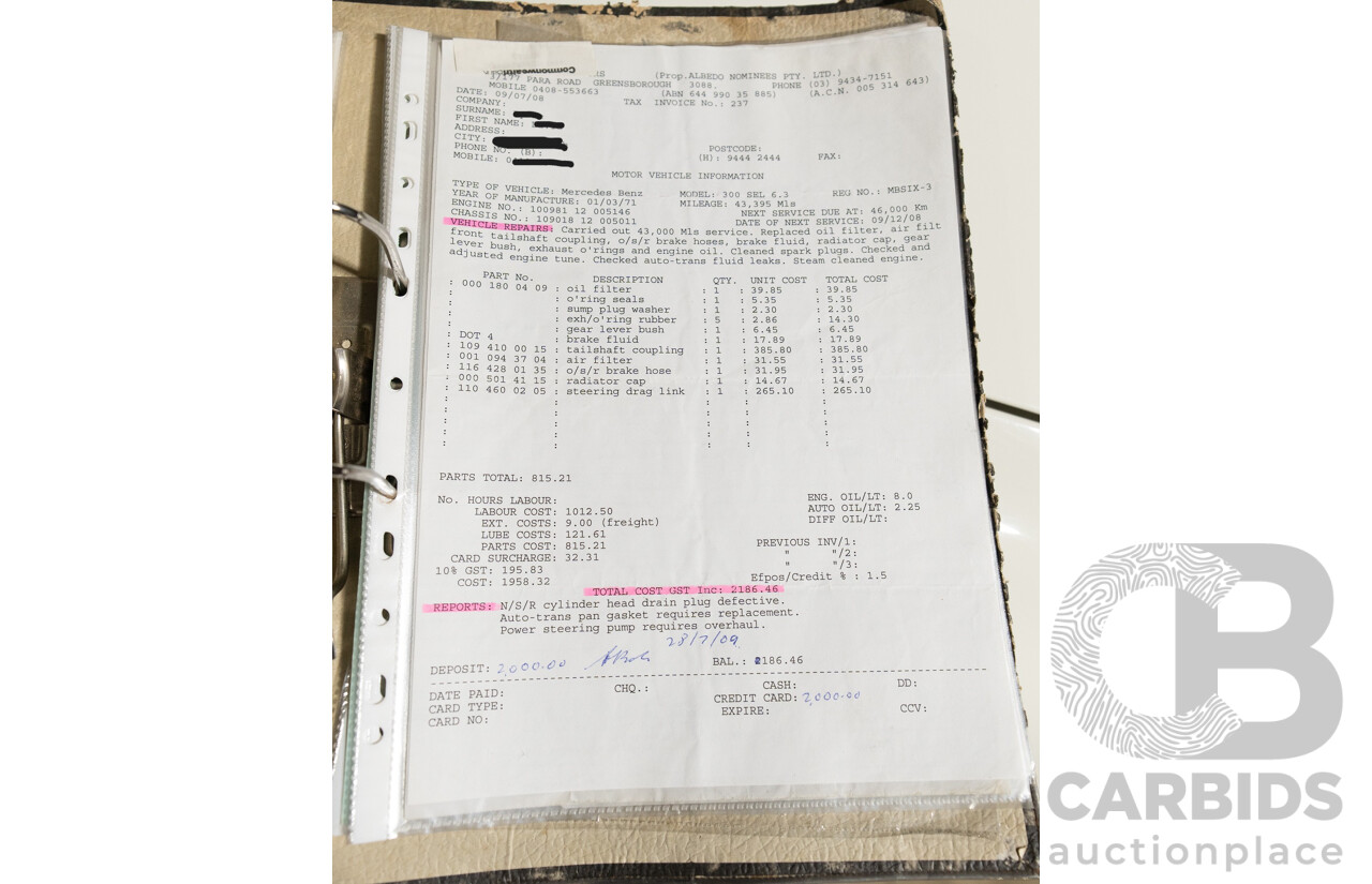 8/1970 Mercedes Benz 300 SEL 6.3 "Red Pig Tribute" W109 4d Sedan Cranberry V8 6.3L - Import