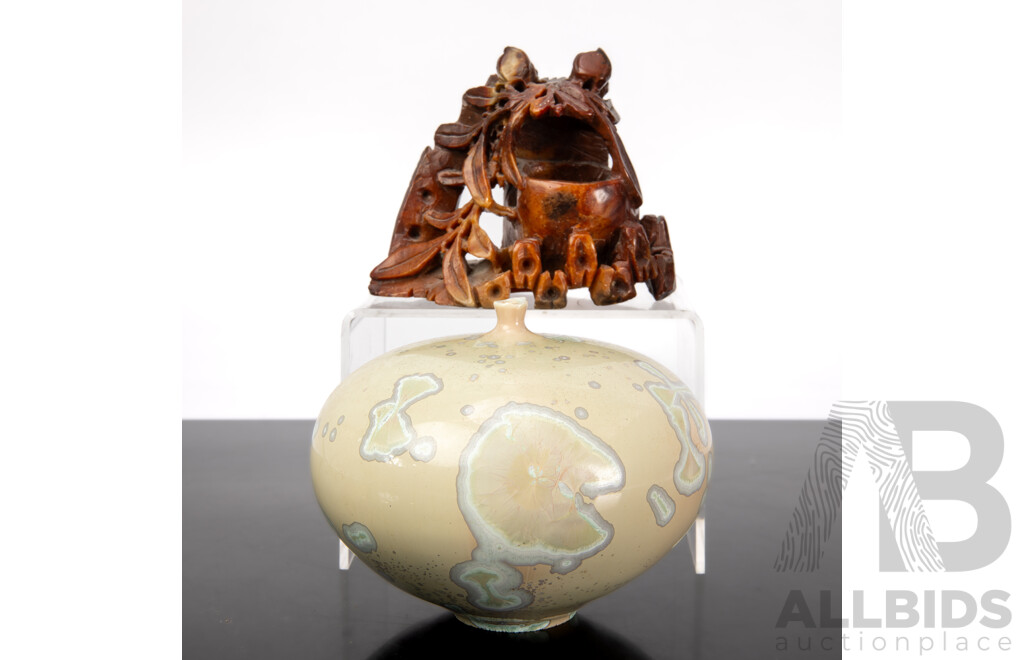 Australian Studio Pottery Vase with Crystalline Glaze Along with Chinese Carved Soft Stone Brush Wash
