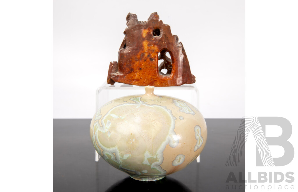 Australian Studio Pottery Vase with Crystalline Glaze Along with Chinese Carved Soft Stone Brush Wash