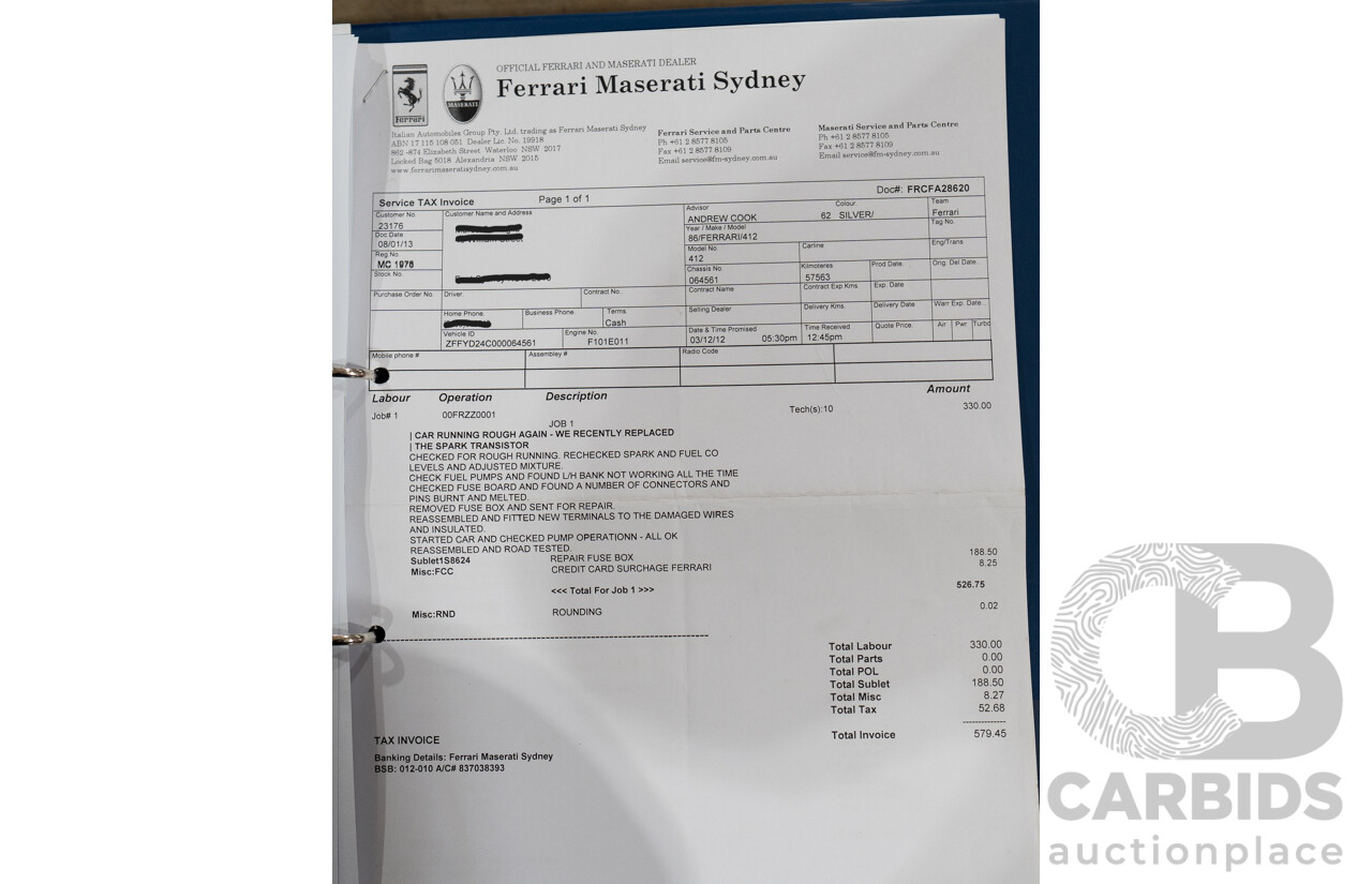 01/1986 Ferrari 412 A Tipo F101 EL 2d Coupe Argento Fer Silver V12 4.9L - Hong Kong Import