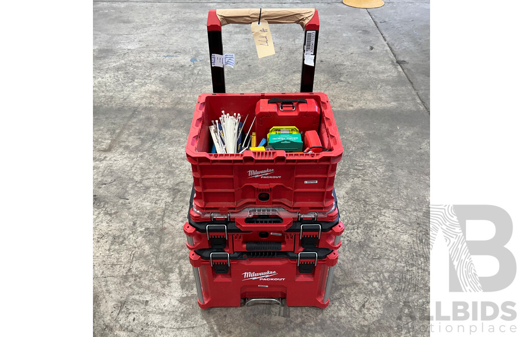 Milwaukee Packout Stackable Tool Boxes with Assorted Hand Tools, Batteries, Screws & More