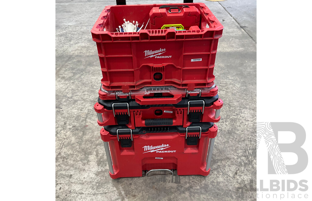 Milwaukee Packout Stackable Tool Boxes with Assorted Hand Tools, Batteries, Screws & More