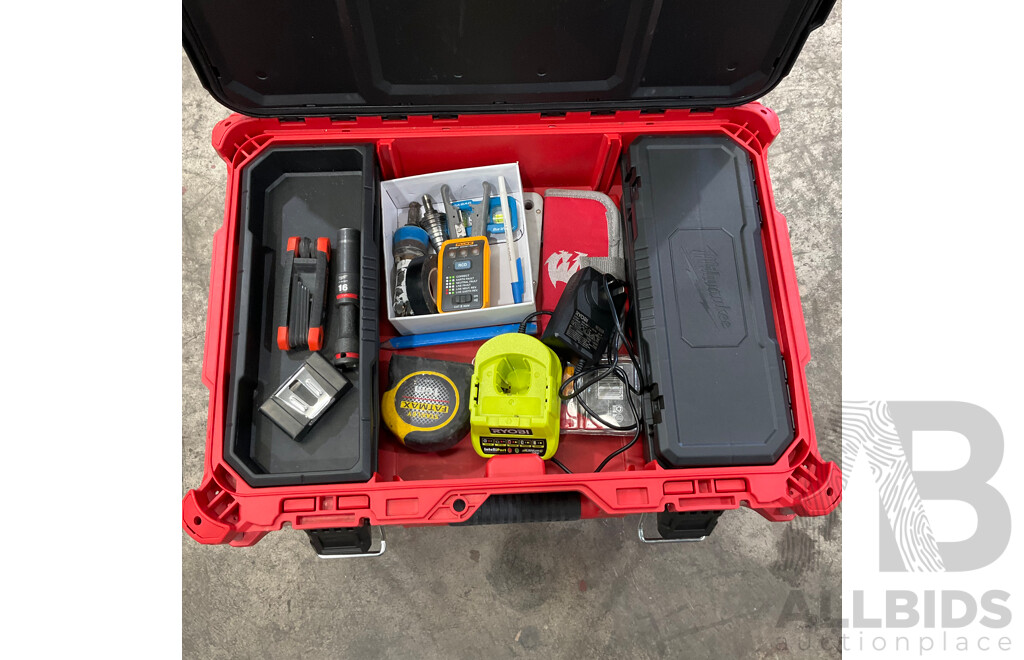 Milwaukee Packout Stackable Tool Boxes with Assorted Hand Tools, Batteries, Screws & More