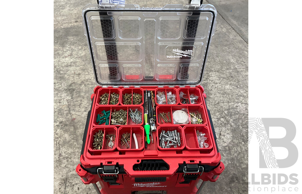 Milwaukee Packout Stackable Tool Boxes with Assorted Hand Tools, Batteries, Screws & More