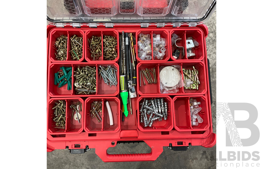 Milwaukee Packout Stackable Tool Boxes with Assorted Hand Tools, Batteries, Screws & More