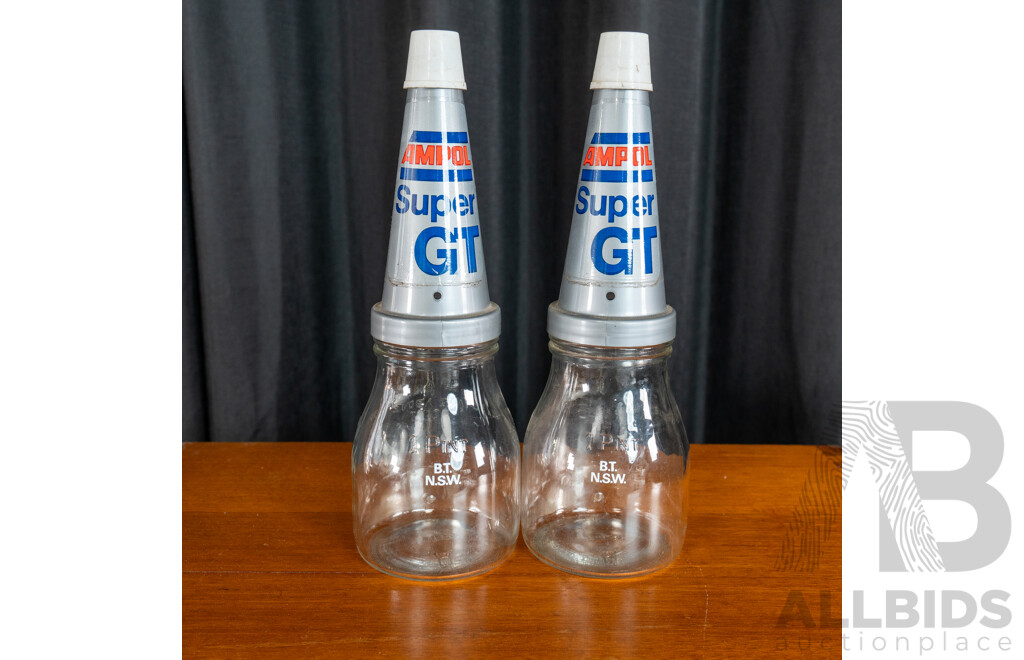 Pair of Vintage One Pint Oil Bottles Marked B.T NSW