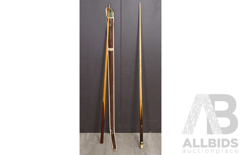 Two Vintage Billiard Cues Comprising Warren Simpson Model & Another Example