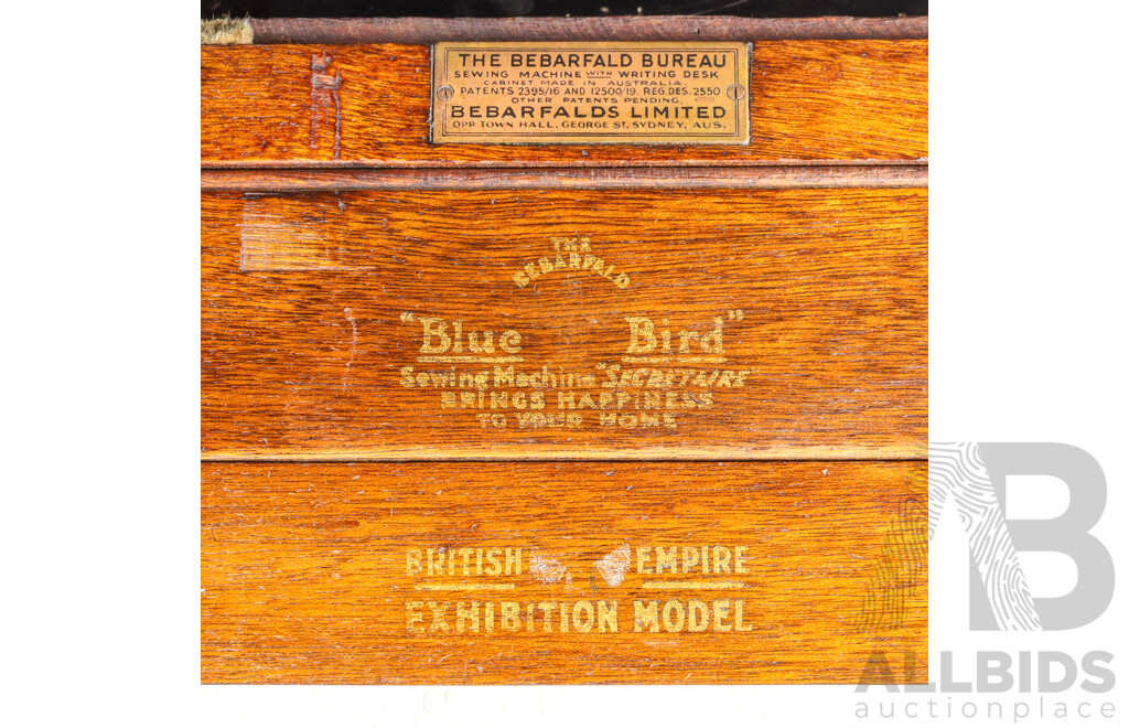 Vintage Oak Blue Bird Sewing Machine Bureau