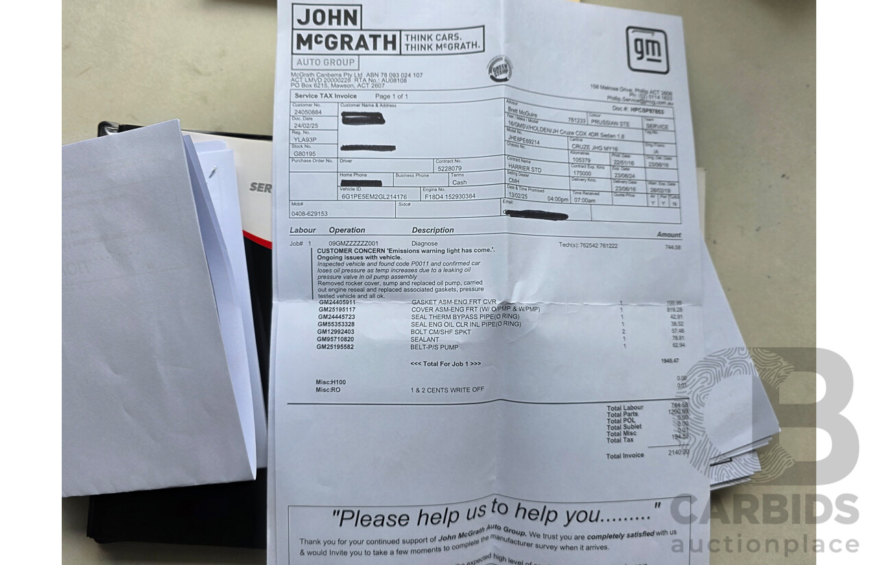 1/2016 Holden Cruze Z-Series JH 4d Sedan Grey 1.8L