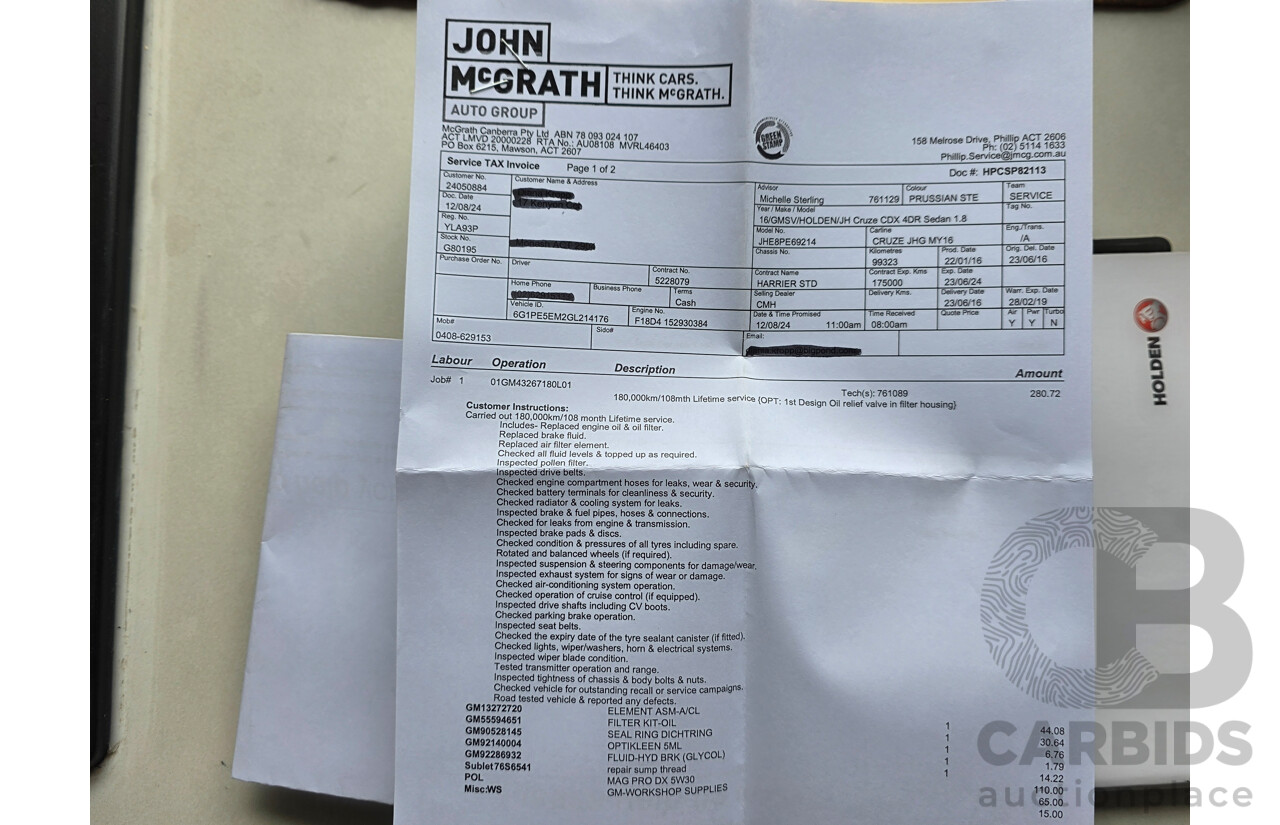 1/2016 Holden Cruze Z-Series JH 4d Sedan Grey 1.8L