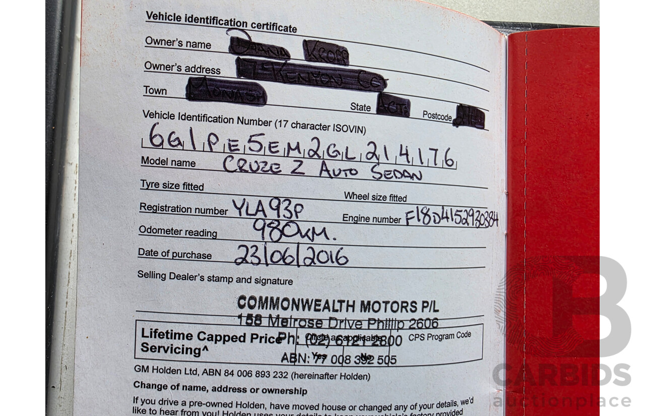 1/2016 Holden Cruze Z-Series JH 4d Sedan Grey 1.8L
