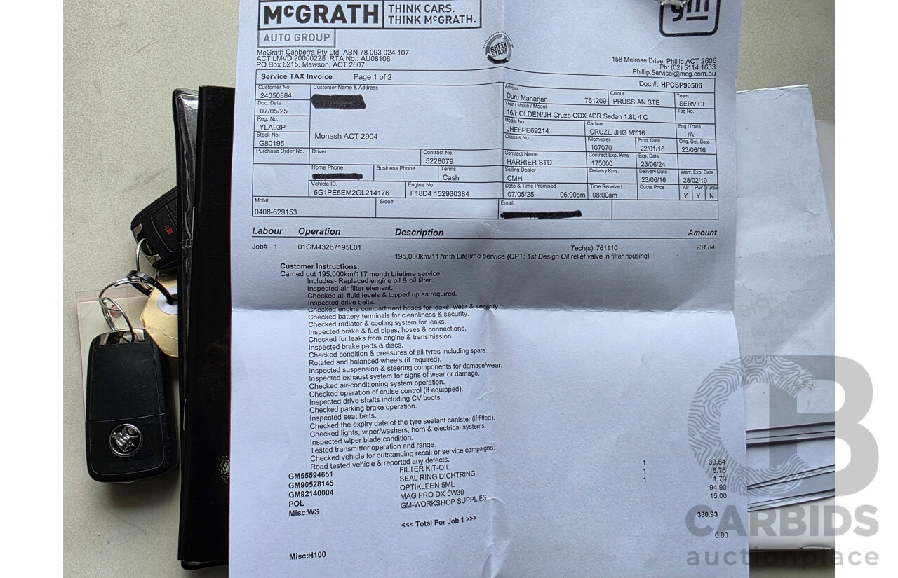 1/2016 Holden Cruze Z-Series JH 4d Sedan Grey 1.8L