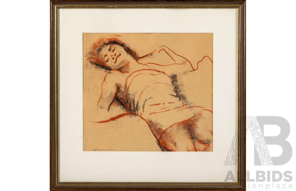 Noel Counihan, (20th Century, Australian, 1913-1986), Sleeping, Charcoal, Coloured Chalk & Wash, 40 x 42 cm (frame)