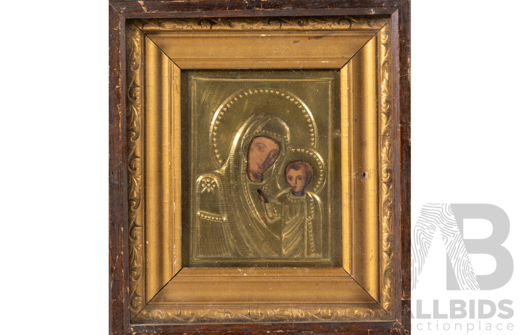 Artist Unknown (Late 19th Century), Our Lady of Kazan, Absolutely Beautiful Antique Russian Empire Orthodox Icon, Pressed Metal Riza on Painted Wood Panel, 16 x 14 cm (icon and frame)